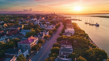 Fototapeta premium Breathtaking sunset view over historic Charleston waterfront with colorful antebellum houses and sailboats in the harbor