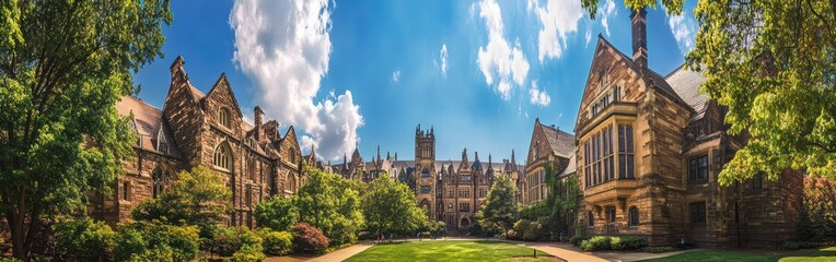 Obraz premium Stunning view of Yale University with Gothic architecture and vibrant greenery on a bright blue day