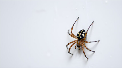 A small, black and white spider with long legs sits on a white surface