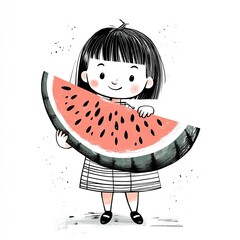 Chinese aesthetics, a little girl holding a huge 3D real watermelon in her hand, little girl with short hair, wearing a pretty striped dress and black shoes, whimsical children's book illustration sty
