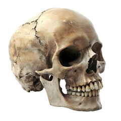 Obraz premium Human Skull, Isolated on Transparent Background, Detailed Anatomy, Medical Illustration, 3D Render, High-Resolution Image, Stock Photo, Bone Structure, Detailed View, Scient