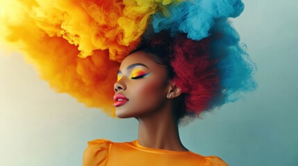 Vibrant colors dance above a model as she showcases her artistic makeup in a creative setting filled with imagination