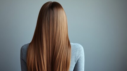 Fototapeta premium Long, silken hair cascading down the back against a minimalist gray backdrop evokes elegance and simplicity in modern aesthetics