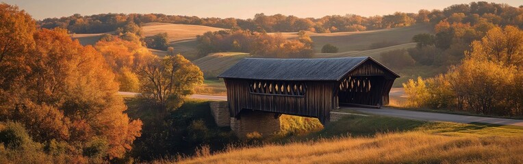 Historic bridges of Madison County amidst autumn foliage and rolling hills in Iowa