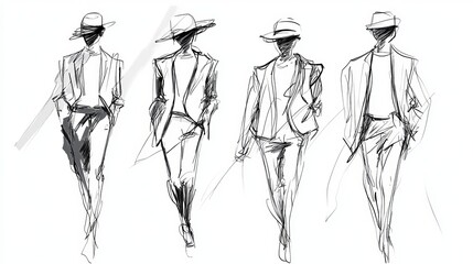 minimal modern and avant garde fashion sketches on a white background, 16:9