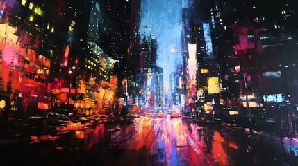 Vibrant cityscape at night, painted in vivid colors.