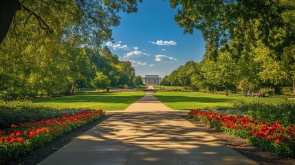 Obraz premium Explore the serene beauty of Lincoln Memorial Garden with blooming flowers and peaceful paths in Springfield