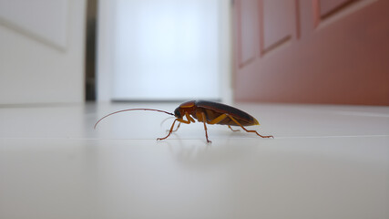 A large, dark brown cockroach with long antennae crawls across a white floor towards an open doorway