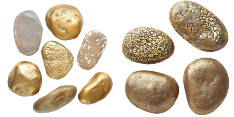 set of five golden : gilt pebbles isolated on a white background. Generative AI.