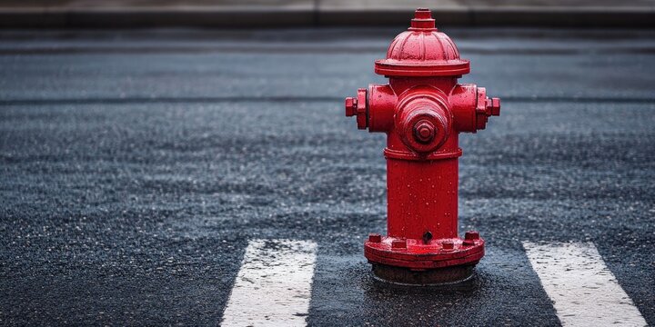 Red painted hydrant situated in a parking zone beside a lightning rod, showcasing the vibrant red color of the hydrant and its functional placement in an urban environment.