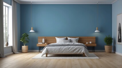 Fototapeta premium Modern Bedroom Design With Blue Walls And Wooden Accents