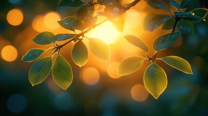 Golden hour sunlight through green leaves.