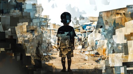 Silhouette of a child standing in a dilapidated urban setting.