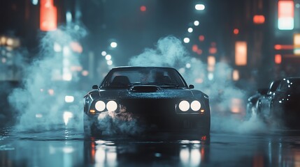 Sleek classic car on a rainy city street at night, emitting steam.