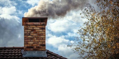 An aged chimney emits smoke from a residential property, highlighting the charm and character of the old chimney design while showcasing the unique aesthetic of such a private house environment.