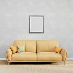 Home interior mock up poster on a white concrete wall, sofa and decor in Living room, blank picture frame, 3d render, 3d illustration