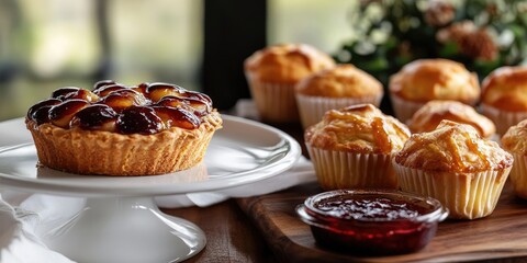Golden pie featuring caramel apples alongside golden curd muffins elegantly presented on a white plate, complemented by red jam, embodying the essence of sweet homemade baked goods.