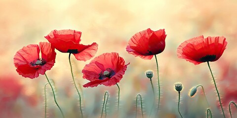 Obraz premium Vibrant red poppy blooms gracefully stand out against a softly blurred background, emphasizing the delicate beauty of the red poppy in nature. A stunning red poppy adds a touch of elegance to any