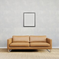 Home interior mock up poster on a white concrete wall, sofa and decor in Living room, blank picture frame, 3d render, 3d illustration