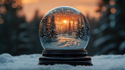 Magical winter wonderland captured in a snow globe with warm sunset glow and serene forest landscape