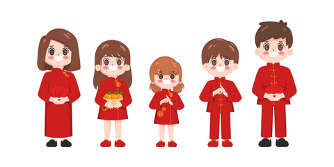 Set of cute cartoon chinese family isolated on white background. Chinese new year character in flat vector design. Father, mother, brother and sister.