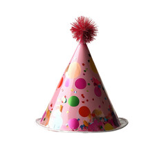 A colorful party hat adorned with polka dots and a fluffy pom-pom on top.