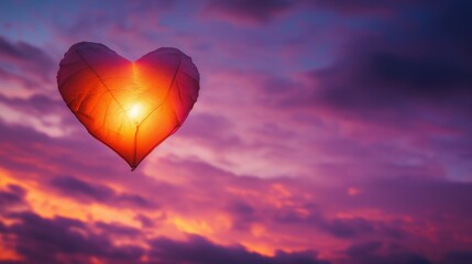 Fototapeta premium A heart-shaped leaf illuminated by sunlight against a colorful sunset sky.