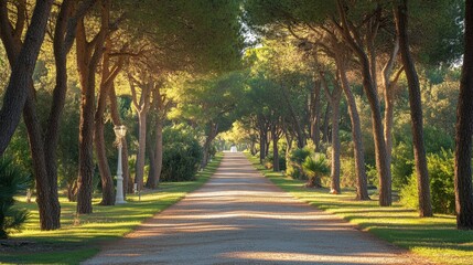 Obraz premium Serene pathway lined with towering trees invites exploration under the warm sun in a tranquil setting