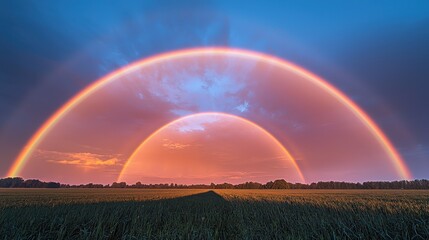 Vibrant double rainbow over tranquil field nature scenic landscape peaceful environment colorful viewpoint