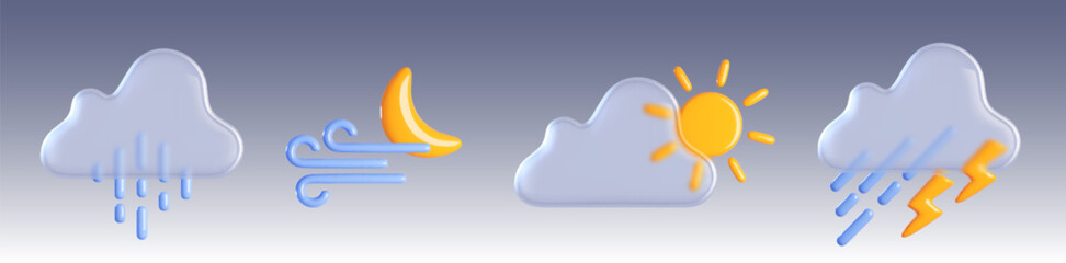 3D weather forecast icons set isolated on background. Vector realistic illustration of sun, moon, cloud, rain, lightning, wind signs, storm, rainfall, thunderstorm symbols, meteorology website or app