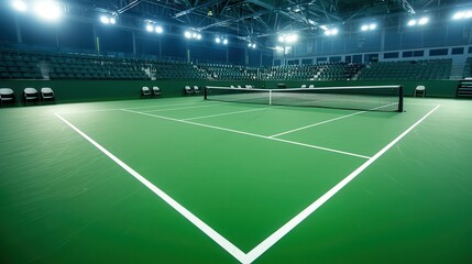Obraz premium Indoor tennis match action indoor tennis court sports bright environment wide angle view athletic concept