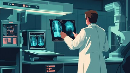 A doctor examining a patientÃ¢â‚¬â„¢s X-ray in a high-tech diagnostic center.
