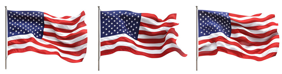 Obraz premium Waving American Flags, Red, White, and Blue, Isolated on White Background, Patriotism, Graphic Resource
