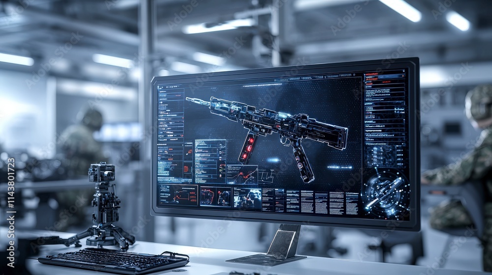 Aufkleber Advanced weaponry display on digital panel in tech lab ethical discussions in defense technology environment