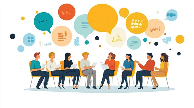 A flat vector of a public forum where community members discuss ways to create a more inclusive society.