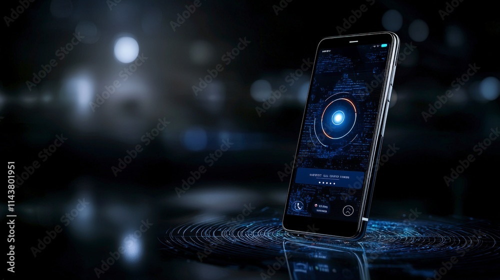 Aufkleber Smartphone screen showing secure contact tracing app urban setting digital interface nighttime environment close-up view