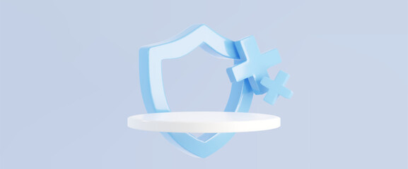 Minimalist 3d health care display with round white product podium and light blue shield and medical cross signs decoration. Pastel background for healthy and pharmacy concept with goods display stage.