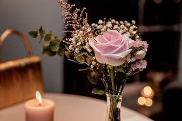 Wedding Decor - Pink Rose in a Glass Vase with Candlelight Ambience