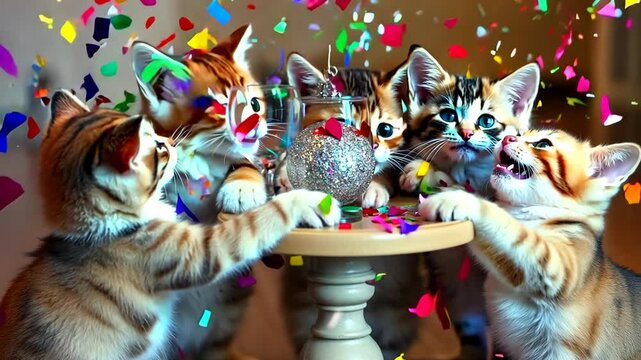 Cute kittens celebrate with confetti and a sparkling ornament at a playful gathering