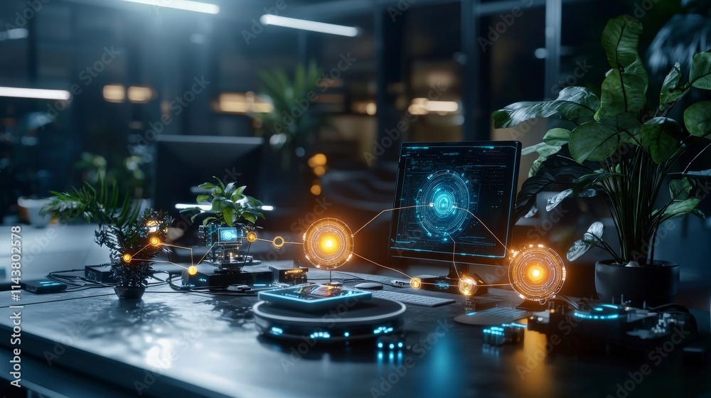 Aufkleber Futuristic workspace integration with iot sensors modern office digital environment innovative technology concepts