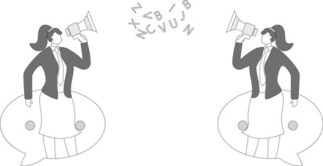 Communicating, two businesswomen holding megaphones standing inside a speech bubble having a conversation