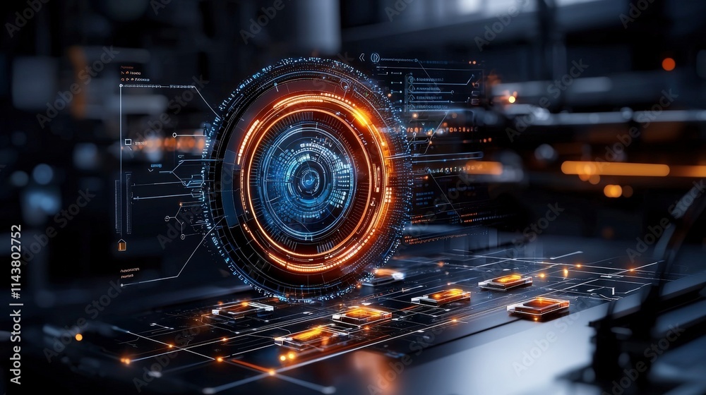 Poster Digital interface illustrating workflow steps in technology modern workspace graphic design futuristic close-up perspective