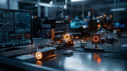 Futuristic workspace with glowing iot sensors modern office digital art tech environment close-up innovation concept