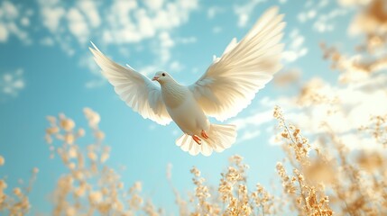 Obraz premium Flying dove in golden field nature scene tranquil environment