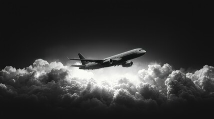 Airplane soaring through dramatic clouds in black and white.