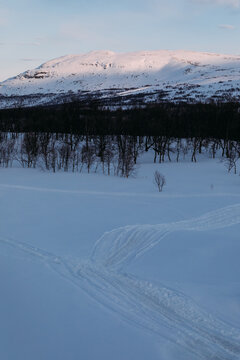 Snowy Landscape with Tracks Under Sunset Glow