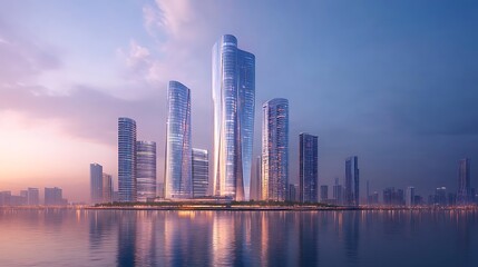 Obraz premium Modern skyscrapers at sunset urban cityscape architecture serenity