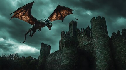 A fearsome dragon approaches a medieval stone castle