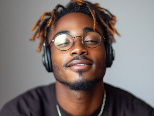 Fototapeta premium Black handsome guy wearing headphones is in a relaxed state, possibly listening to music or enjoying some quiet time