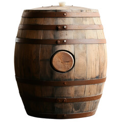 Fototapeta premium A rustic wooden barrel with metal bands, featuring a circular tap hole and a flat lid.